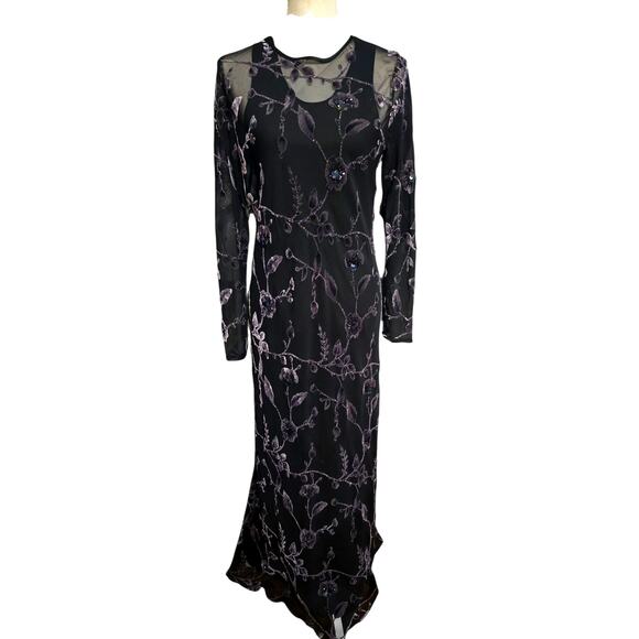 Vintage Long Sleeve Dress with Sheer Beaded and Sequined Detail Overlay - Picture 1 of 10